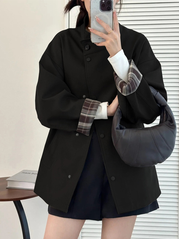 2025秋新款撞色格纹小个子风衣外套女廓形宽松显瘦百搭英伦风大衣|undefined