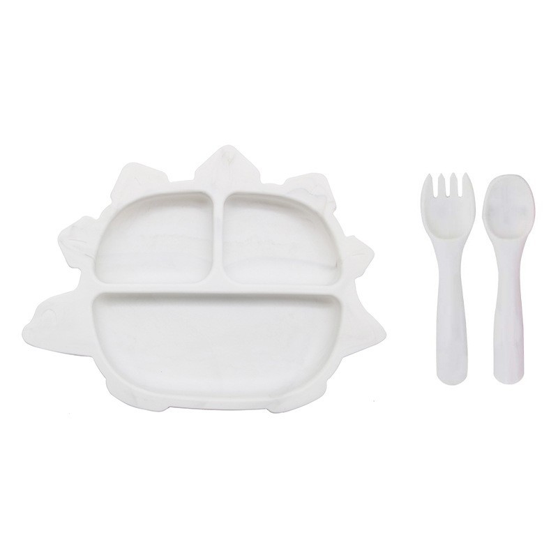 실리콘 [익룡 디너 접시 + 원형 손잡이 포크와 스푼] 마블 화이트