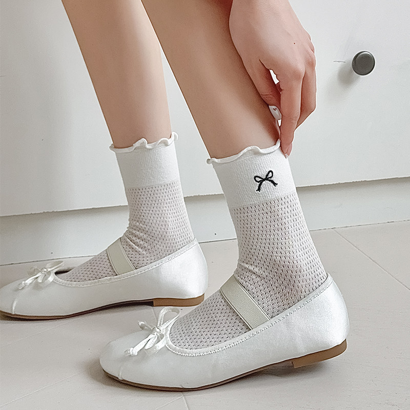 Women's Mid-Calf Socks for Summer, Paired with Small Leather Shoes, with Ruffled Edges and Hollow-Out Design, Thin Embroidered Bow Socks for Summer