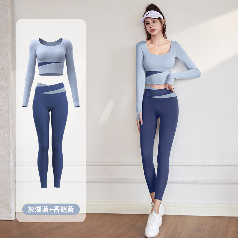 Color-matching Yoga Clothing Women's High Waist Belly-tucking Leggings with Chest Pad Slim-fit Long-sleeved Outdoor Running Fitness Sports suit