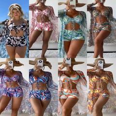 European and American foreign trade bikini swimsuit split three-piece set high-waisted long-sleeved ins blouse sunscreen internet celebrity cross-border drawstring