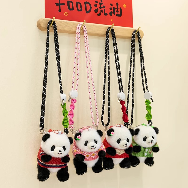Yizongfang Vestir Panda Clip para teléfono móvil Muñeca de peluche de dibujos animados lindo panda Adornos creativos para teléfono móvil