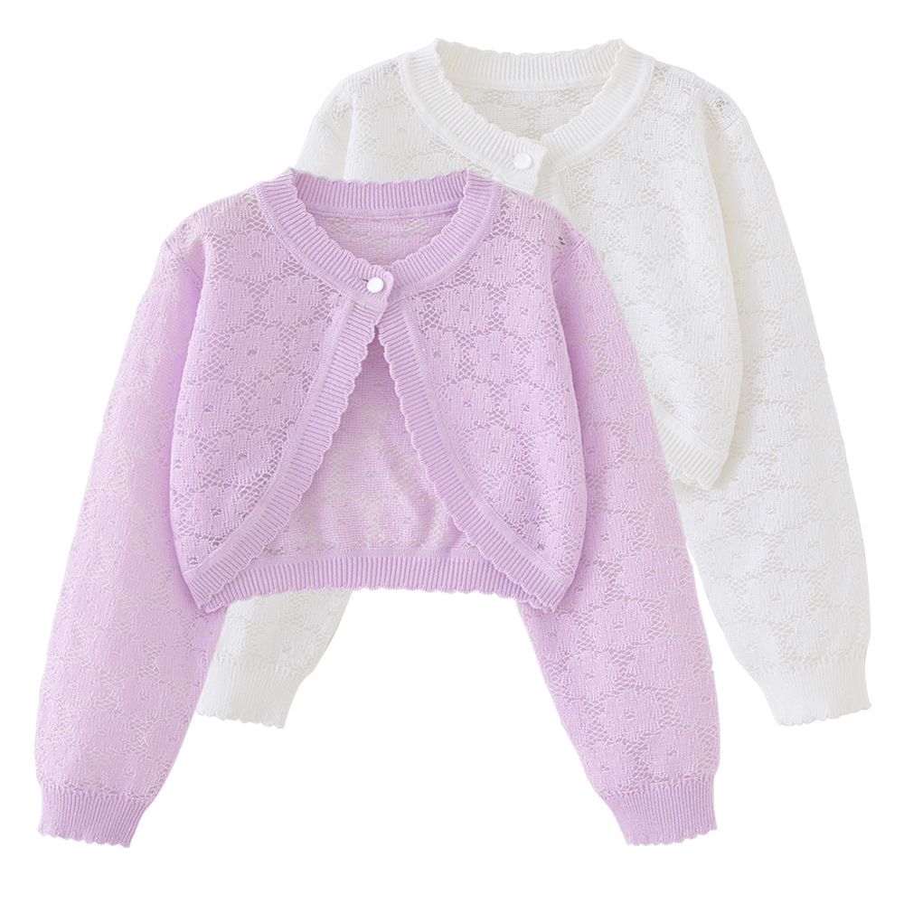 Mother & Kids Flower Hollow One Button Girls Knitted Cardigan Coat Girls' Floral Lace Single Button Knit Cardigan Sun Protection Thin Sweater Shawl_voghion.com
