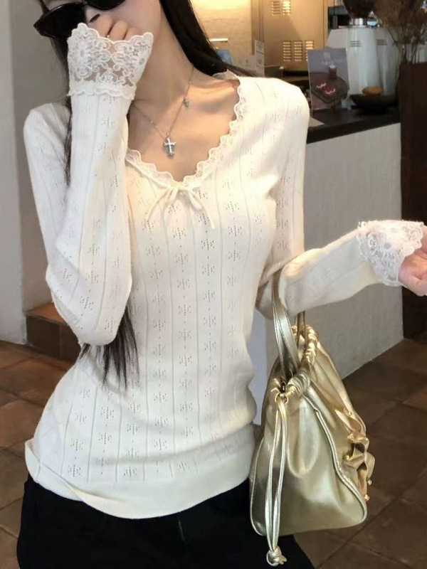 针织衫女早秋氛围感穿搭蕾丝上衣韩系v领修身显瘦长袖毛衣|undefined