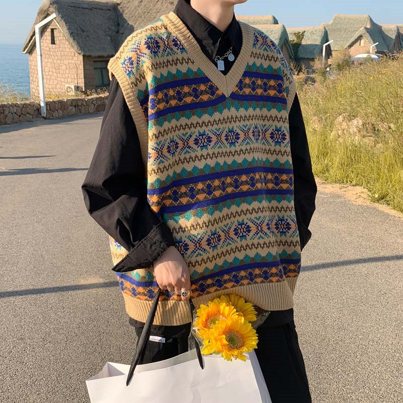 Spring and Autumn Knitted Vest Men's Trendy Student Top Loose Harajuku Style Casual Vest Undershirt