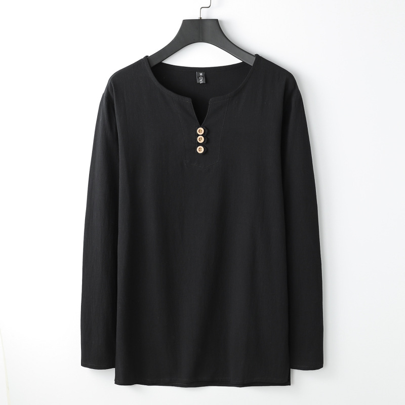 リネン長袖TシャツメンズVネック夏ゆったり薄手復活中国風紳士服綿麻文学メンズTシャツ|undefined