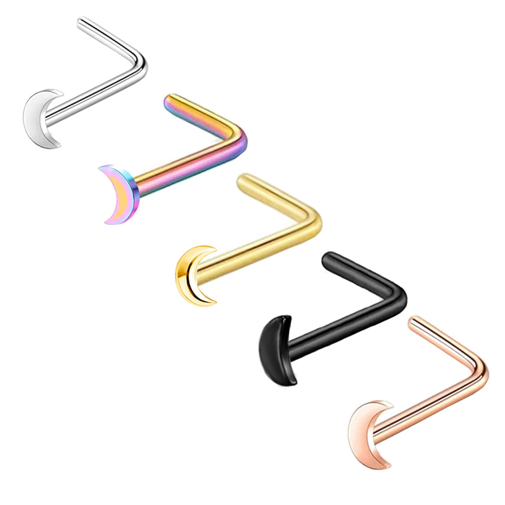 L-Shaped Moon Nose Nail Stainless Steel Nose Ring Curved Barbell Piercing Jewelry detail image 8
