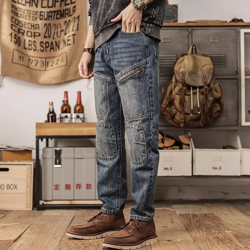 Men's Korean Style Workwear Jeans Loose Fit Retro Slim Harem Straight Pants mid Waist Autumn Winter Trendy Blue Jeans_mkmklike.com