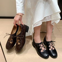 韩风文艺绑带小皮鞋质感羊皮2025春季粗中跟圆头真皮单鞋女41大码