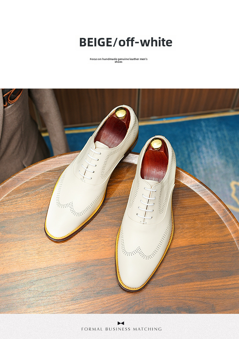 Britiske brogues udskårne herresko i ægte læder, hvide bryllupsbrudepigesko, bryllupsbrudgomssko, herresko i læder, afslappet business-stil_voghion.com