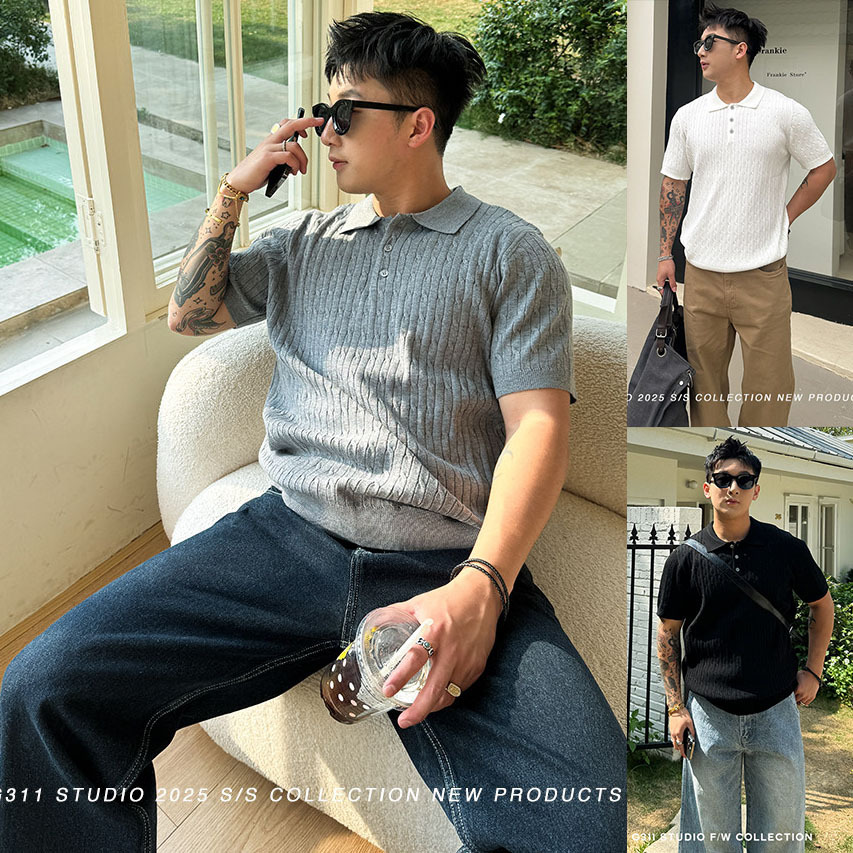Polo camiseta de punto camiseta de manga corta camiseta de hombre solapa texturas de torsión viejos viento de hielo de verano fábrica transfronteriza al por mayor