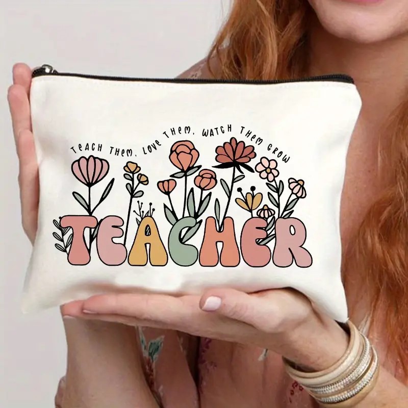Transfronterizos Amazon día del maestro bolsas de maquillaje patrón de letras lino impresión doble cara maquillaje zipper bolsas damas