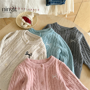 Ningli Pure Color Autumn Clothing Forest Style Knitted Cardigan Spring and Autum New Kidsren's Fashion Baby Girl Autum Sweater Jacket