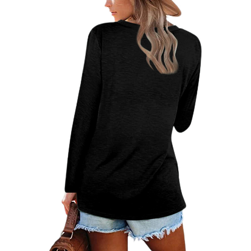 Women's T-shirt V-neck Loose Long Sleeved Solid Colour Top_voghion.com