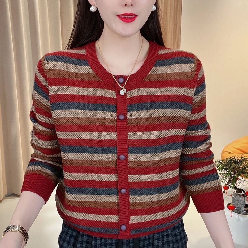 减龄休闲圆领拼色彩条软糯细针织针织衫2025春季年轻妈妈装毛衣女|undefined