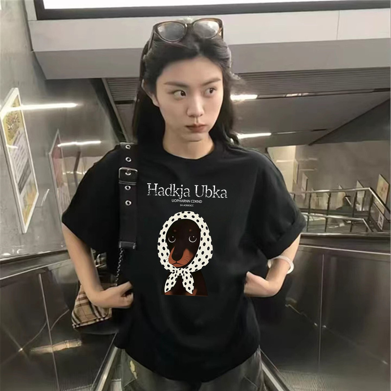 Black Pure Cotton Short-Sleeve T-Shirt for Women, 2026 New Style, Plus Size, Spring/Summer, Dog Print Design, Loose Fit Top