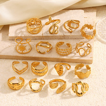 欧美不锈钢金色几何戒指18k镀金指环线条树叶花朵钛钢手饰跨境ins