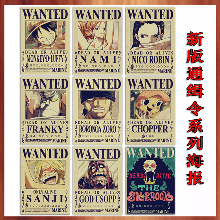 Classic Animation Cartoon One Piece Wanted Luffy Poster Retro Kraft Paper Decorative Wall Painting Mural