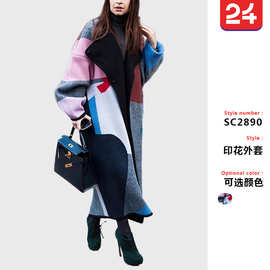 欧美秋冬2025独立站亚马逊欧美时尚拼色翻领数码印花大衣外套女装