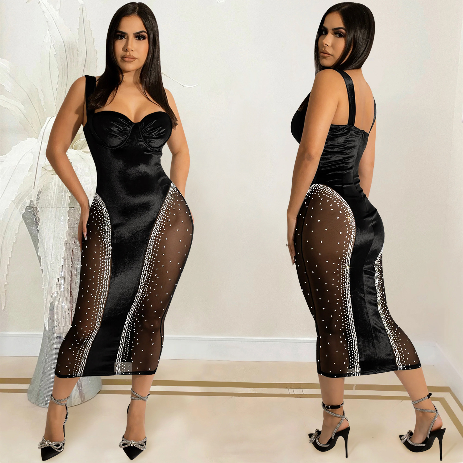 C5906 transfronteriza AliExpress Amazon color sólido sexy Sling envuelto pecho sin espalda apretado vestido de malla elástica image 3