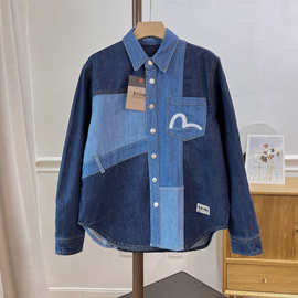 2025春季新款潮牌福神男士海鸥刺绣复古拼接休闲长袖牛仔衬衫外套