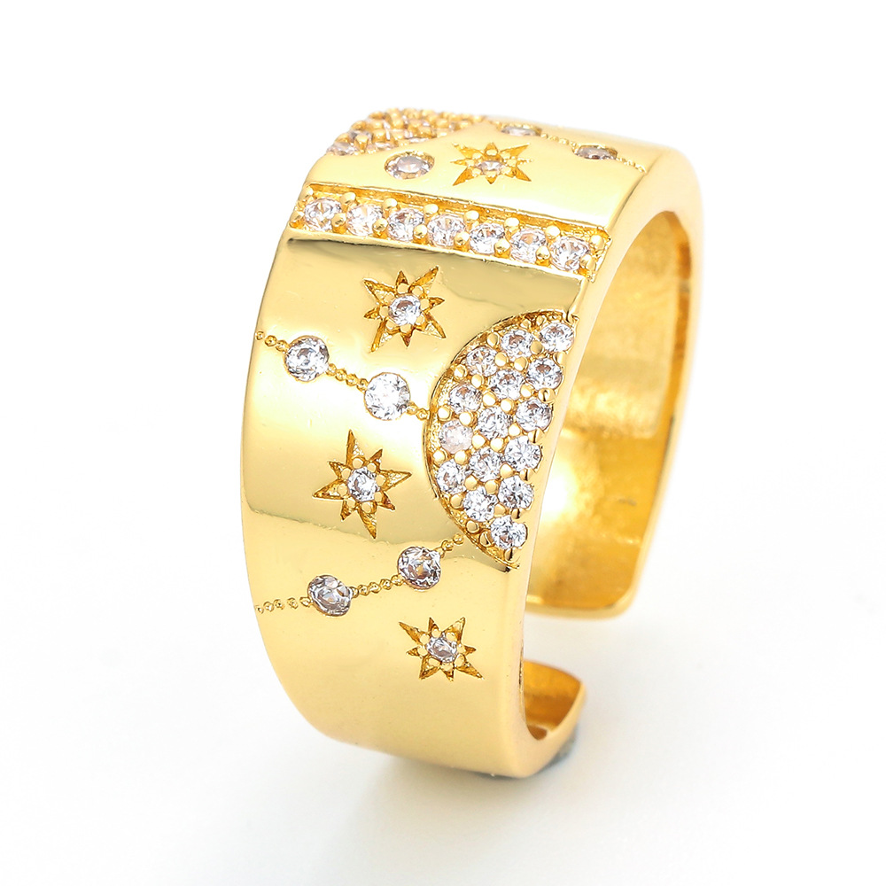 6g Weight Zircon Inlay Material Retro Micro-inlaid Zircon Star Moon Opening Wide Copper Ring Wholesale Nihaojewelry