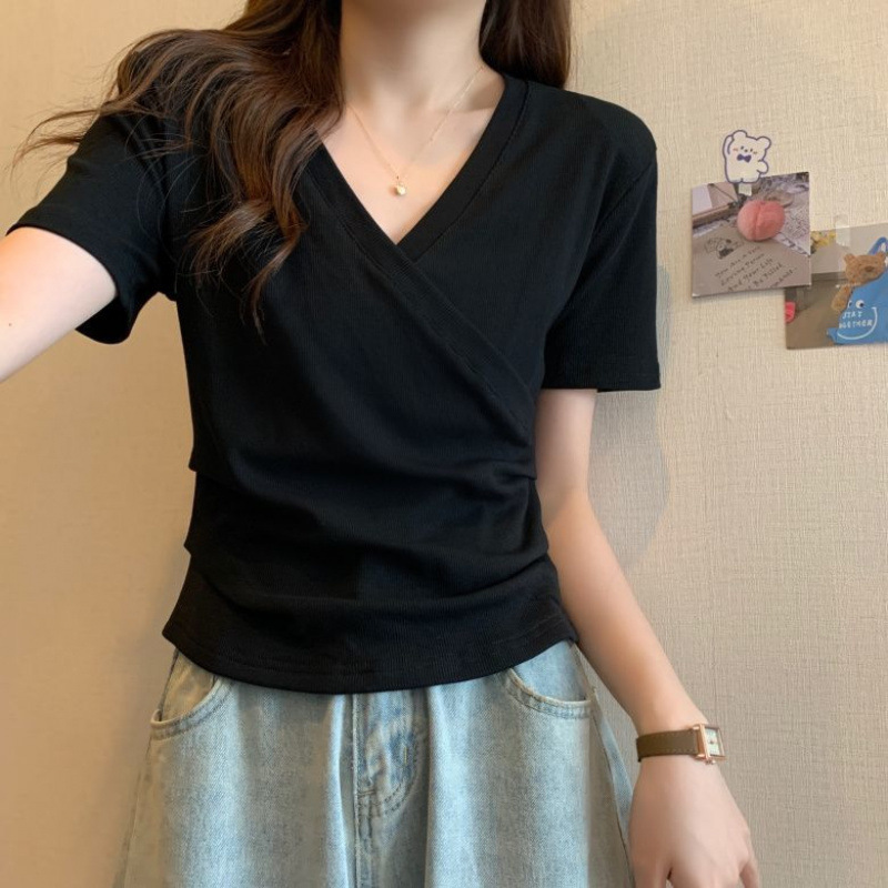 Vネックショルダー半袖Tシャツレディースコットン夏新作ニッチ気質スリムフィットショート甘辛クロストップ|undefined