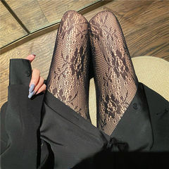 Japanese-style white silk vintage lace fishnet stockings with dark black rose motifs—summer vine-patterned silk stockings for women