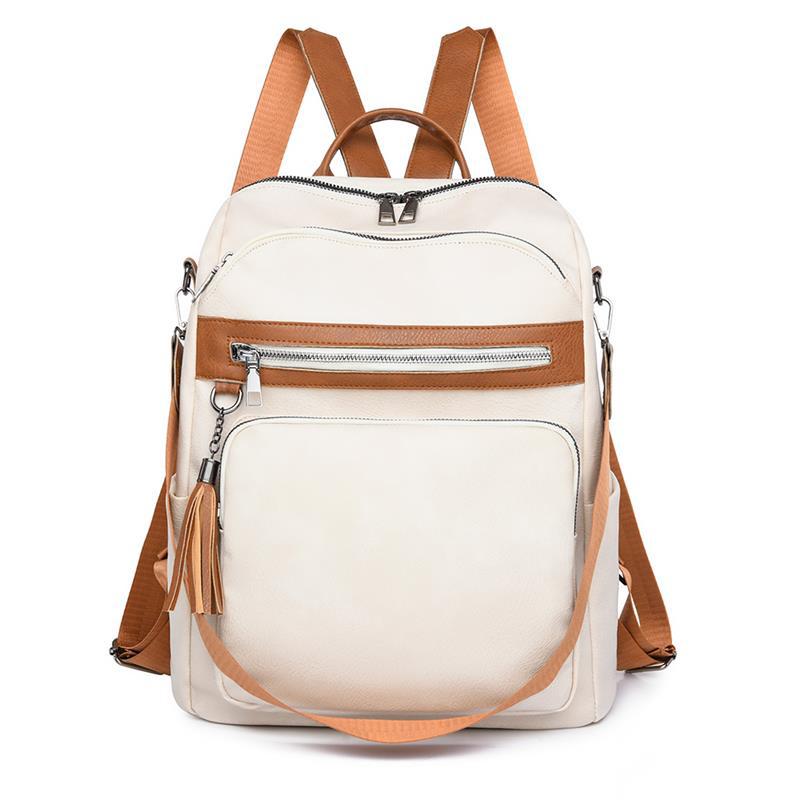 Mochila de cuero suave para mujer casual de verano de alta calidad, color de contraste simple, mochila de doble uso para viajes al aire libre al por mayor