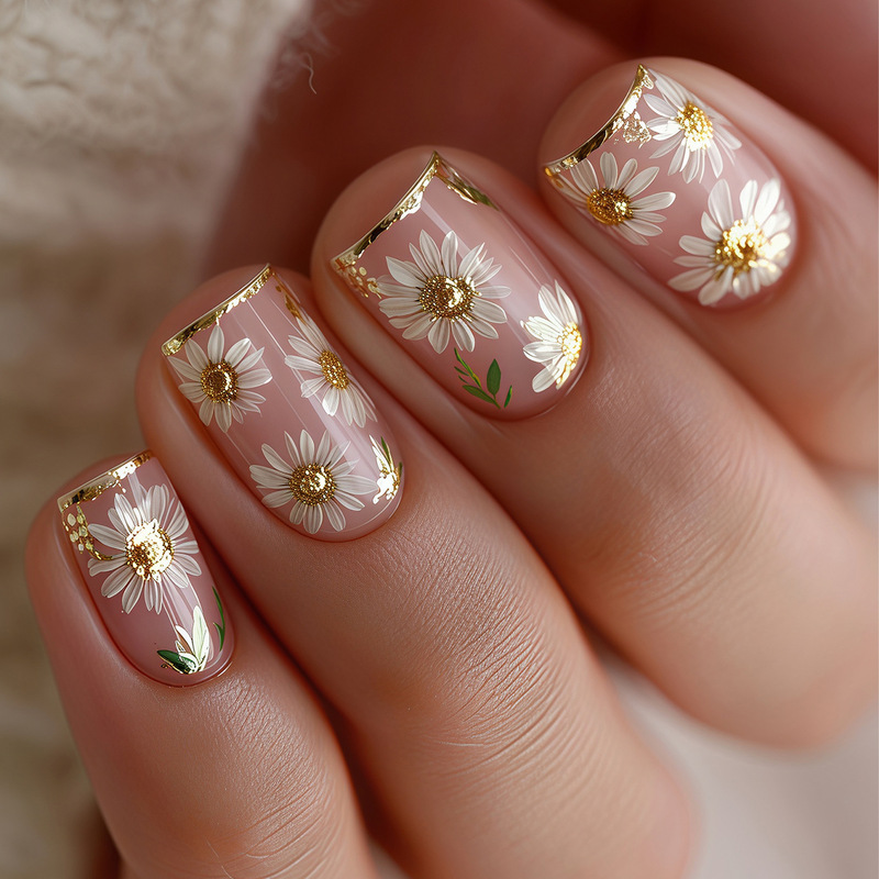 Spring and Summer New Style Gold Striped White Flowers and Green Grass Fashionable Wearable Nails Elegant White Double-Petal Flower Nails Spring and Summer New Style Gold Striped White Flowers and Green Grass Fashionable Wearable Nails Elegant White Double-Petal Flower Nails