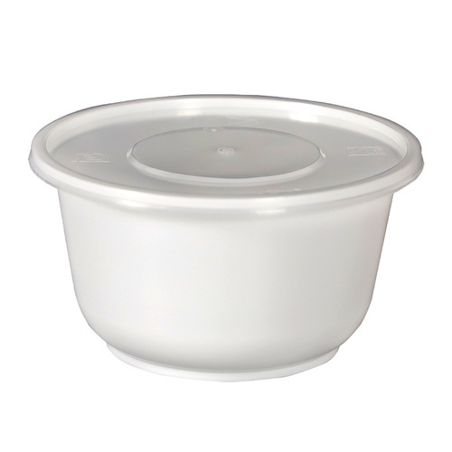 Wholesale disposable bowls with lids, ideal for serving chilled desserts like grass jelly; thick, white, microwave-safe plastic takeout containers designed for commercial use.