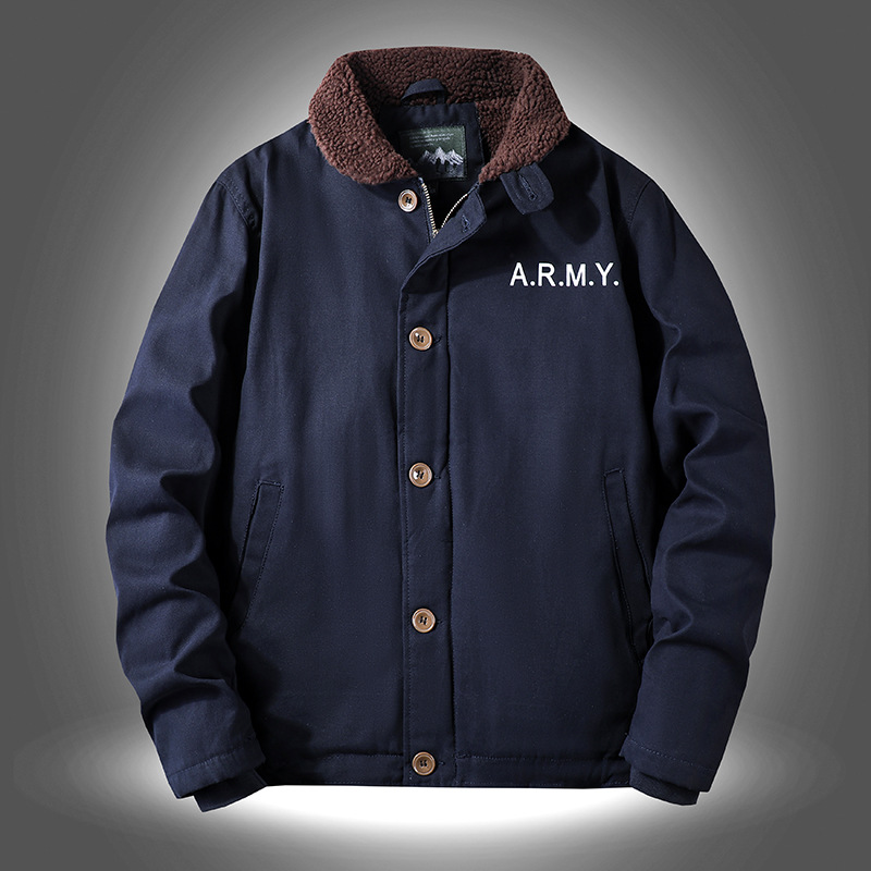 Men's Workwear Jacket – Heavyweight Cotton With Fleece Lining, Military-Style Winter Coat(M-5XL, Khaki/Green/Navy, Button-Up Collar)_voghion.com