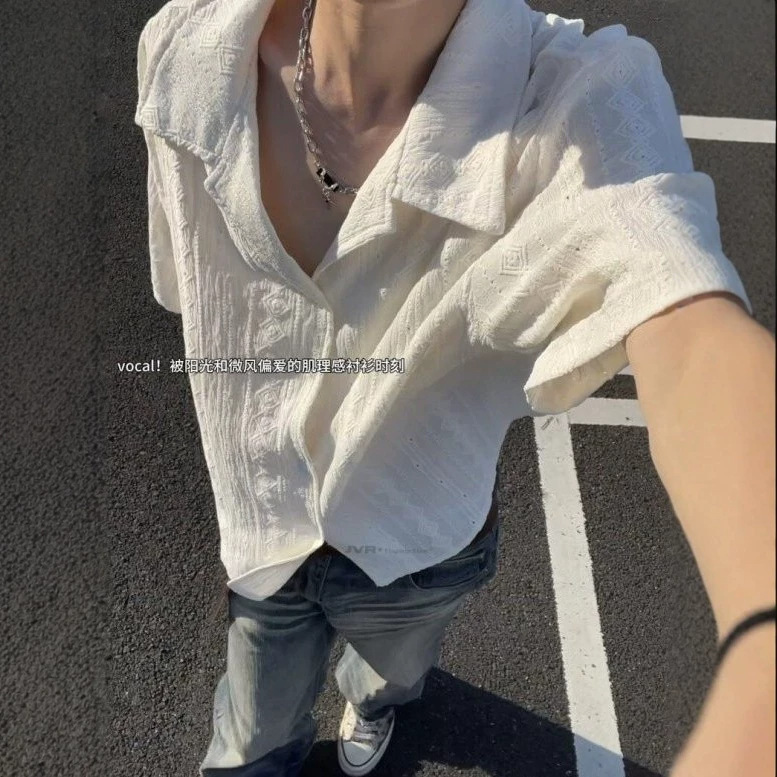 Summer American-Style Old Money Style Hollow-Out Short-Sleeve Shirt for Men, Vintage Niche Loose Fit Versatile Casual Sun-Kissed Texture
