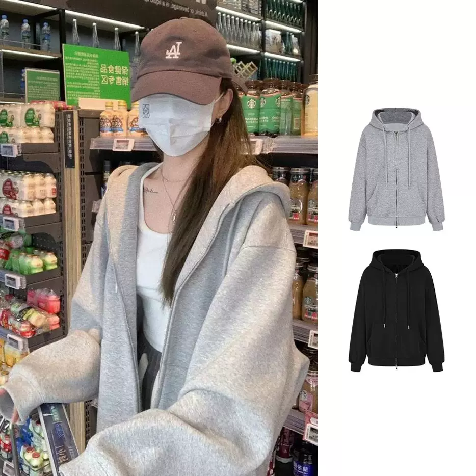 匠一跨境 连帽拉链开衫卫衣女 2025早秋新款宽松显瘦慵懒风外套潮