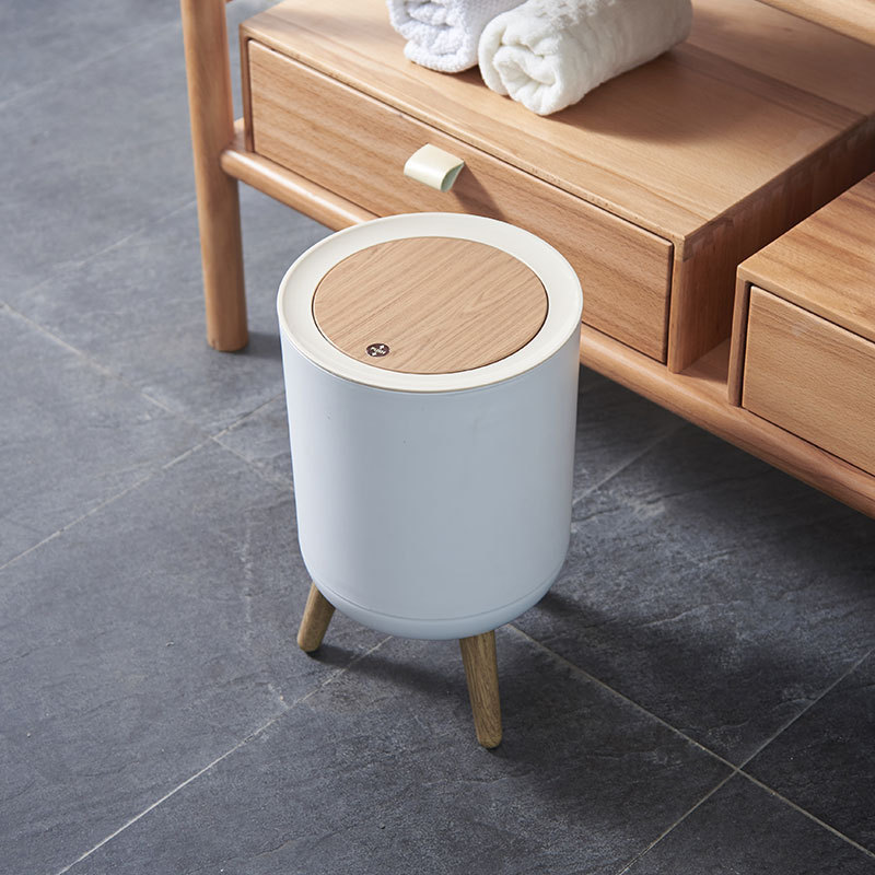 Household Creative Press with Lid Living Room Toilet Bathroom Kitchen Nordic Style Ins High Foot Imitation Wood Grain Trash