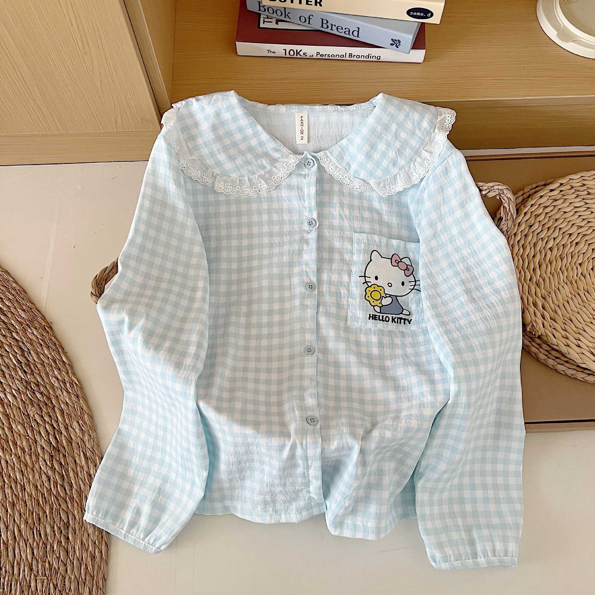 Dolce y lindo encaje de otoño transpirable nuevo algodón nubes pantalones de manga larga camiseta de encaje pijama ropa para el hogar