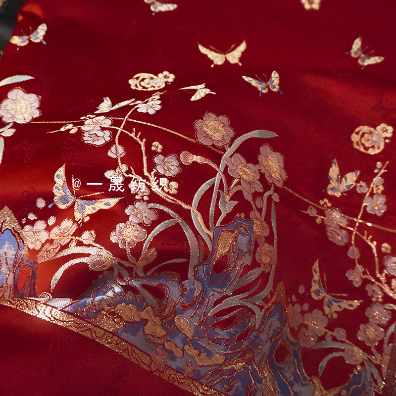 2024蝶恋花提花缎马面裙布料织金仿醋酸缎织锦女装童装汉服面料