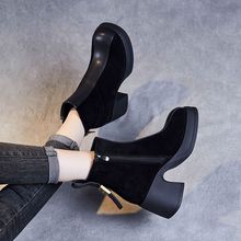 显韩版方头绒面短靴女袜靴厚底松糕底弹力靴秋冬新款马丁靴