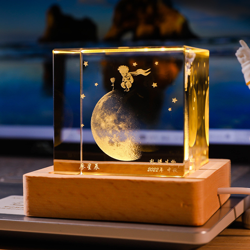出生那天的月亮水晶方形摆件内雕个性定制送同学女生情侣生日礼物