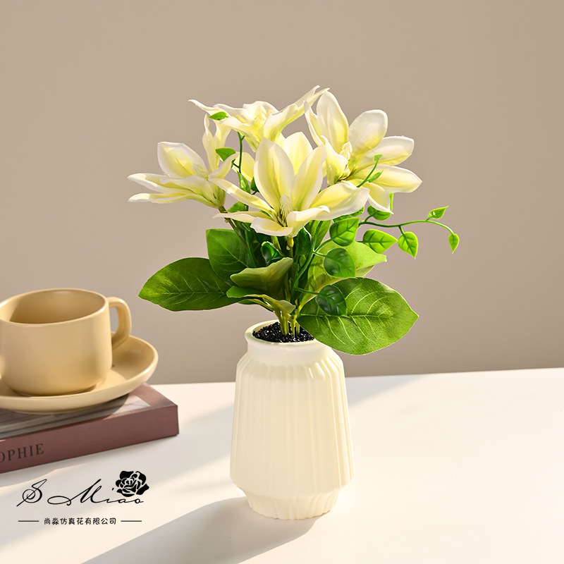 Bonsái de magnolia de cinco cabezas con estampado de seda, flor artificial para decoración del hogar y estudio, planta verde artificial, planta artificial en maceta