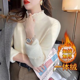 fleece-lined Thickened Half-high Collar Warm All-match One-piece Fleece Base Shirt Women's Autumn and Winter New Arrival Ear-edge Shirt Top