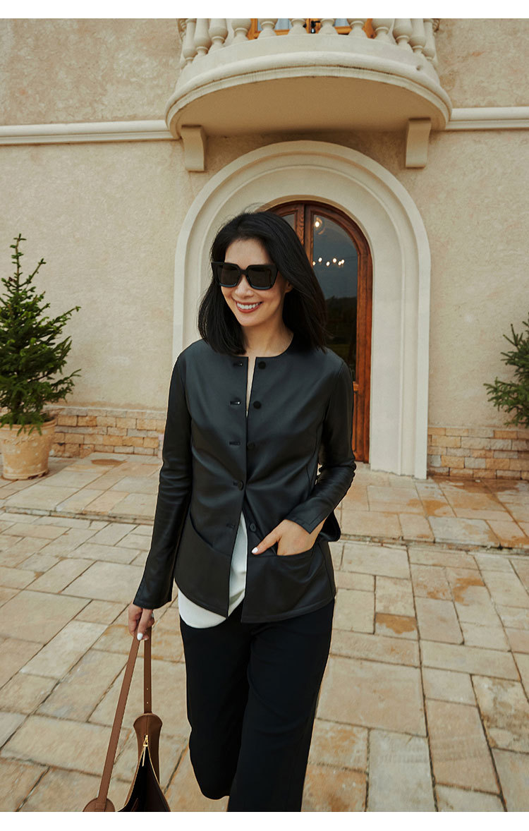 「多面優雅」シリーズの輸入綿羊皮洋気丸襟ウエストジャケットの本革皮服女性ショートタイプ