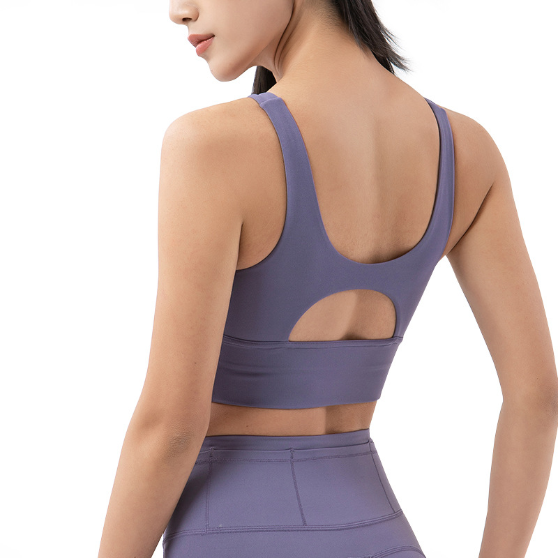 Ropa interior de doble cara con tacto suave, tejido cepillado, sujetador deportivo de cuello redondo, espalda con aberturas, dobladillo ensanchado, estilo camiseta sin mangas, para deportes de alta intensidad.