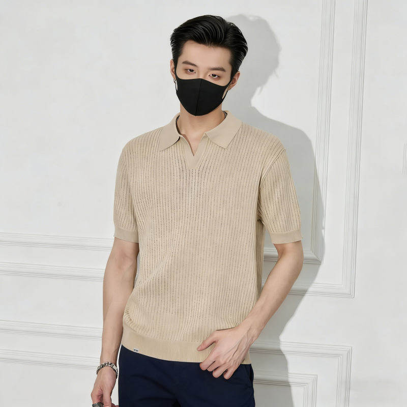 Camisas de polo de manga corta de estilo antiguo, camisetas de punto de cuello en V de hombre, camisetas de textura hueca de gaviota, fábrica de verano al por mayor.