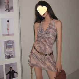 港风复古扎染挂脖连衣裙女装夏美式收腰短裙辣妹性感a字裙子上衣