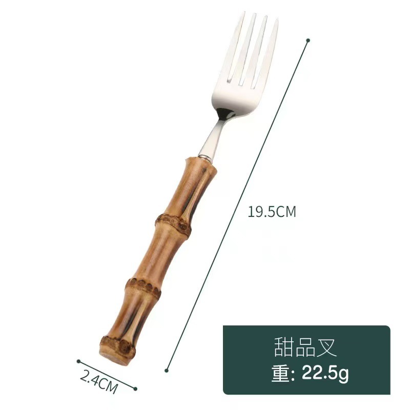 Cuchillo de bambú transfronterizo 304 Cuchillo, tenedor, mango de bambú natural, cuchara, tenedor, bistec, juego de tenedor, vajilla de acero inoxidable