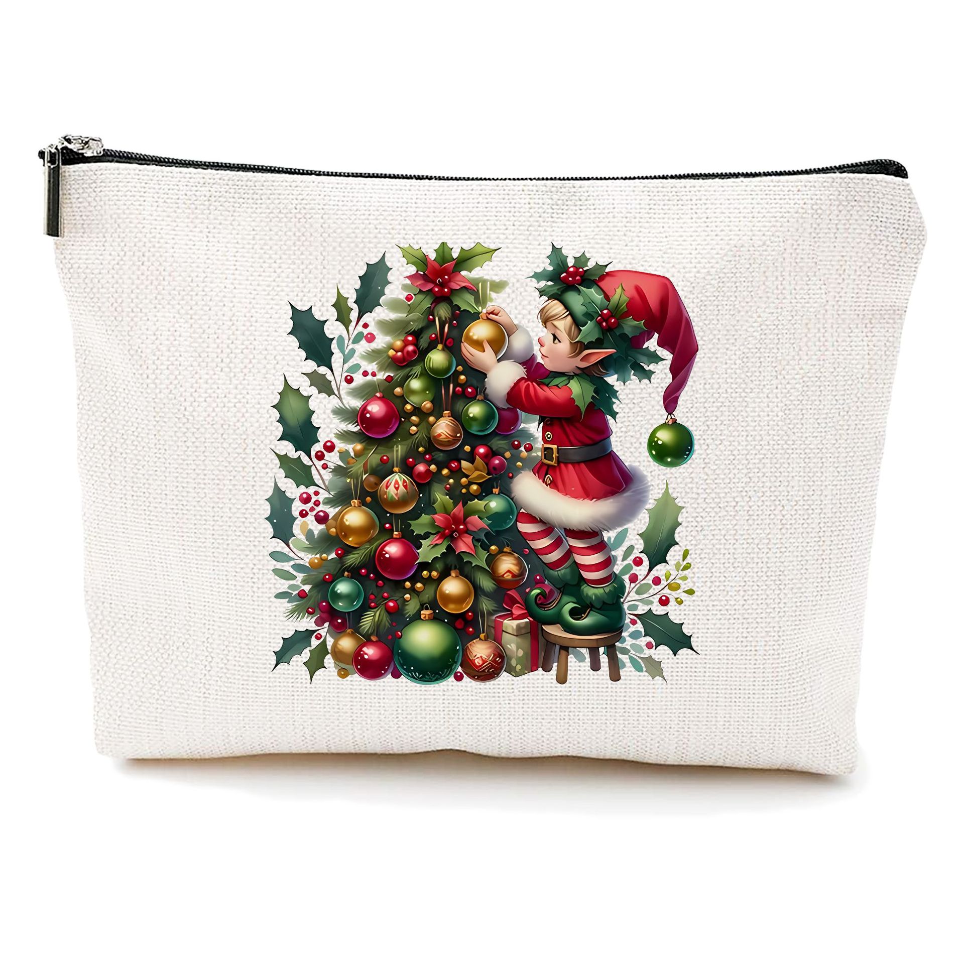 Bolsa de maquillaje transfronteriza de Amazon damas bolsas de maquillaje de patrón creativo de Navidad bolsas de almacenamiento de lino bolsa de cremallera impermeable