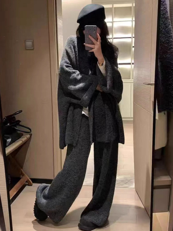 慵懒风针织套装女秋冬新款跨境宽松针织毛衣外套阔腿裤两件套装女|undefined