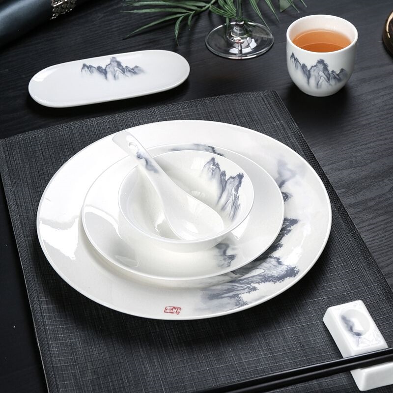 Chinese-Style Tableware Set, Ceramic Bowls, Plates, and Spoons, High-End Restaurant and Club Three-Piece Set, Hotel and Restaurant Chinese-Style Chinese-Style Tableware Set, Ceramic Bowls, Plates, and Spoons, High-End Restaurant and Club Three-Piece Set, Hotel and Restaurant Chinese-Style