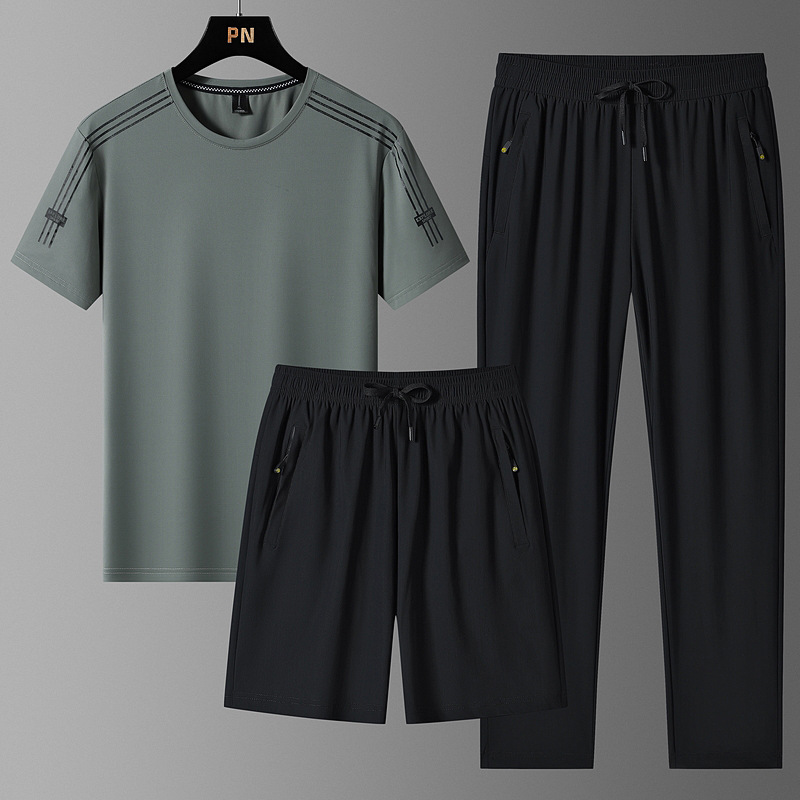 Hombres delgados de tamaño grande juego deportivo de hielo camiseta de cuello redondo suelta secado rápido mangas cortas pantalones cortos 3 piezas al por mayor